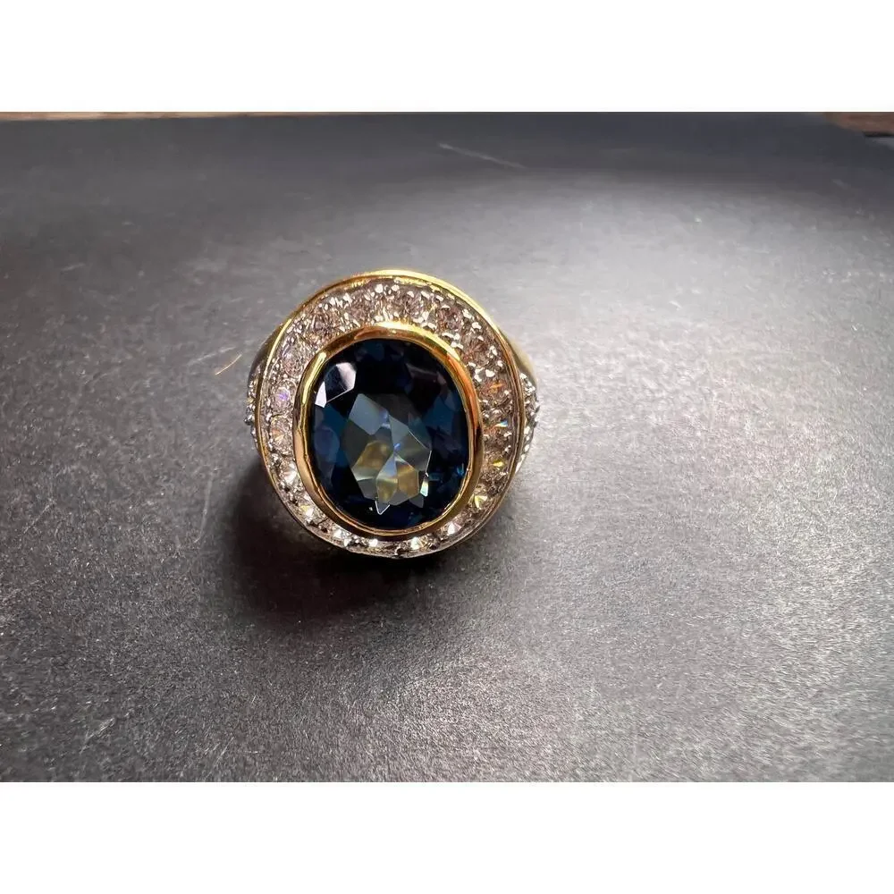 Lab blue spinel and CZ 18k rolled gold ring size 7